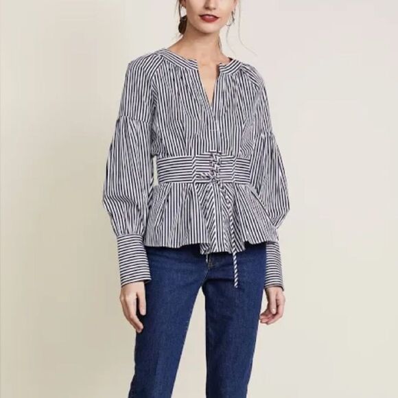 Parker Elena Pinstripe Blouse with Long  Sleeve & Corset Lacing. Size Medium. - Picture 5 of 9
